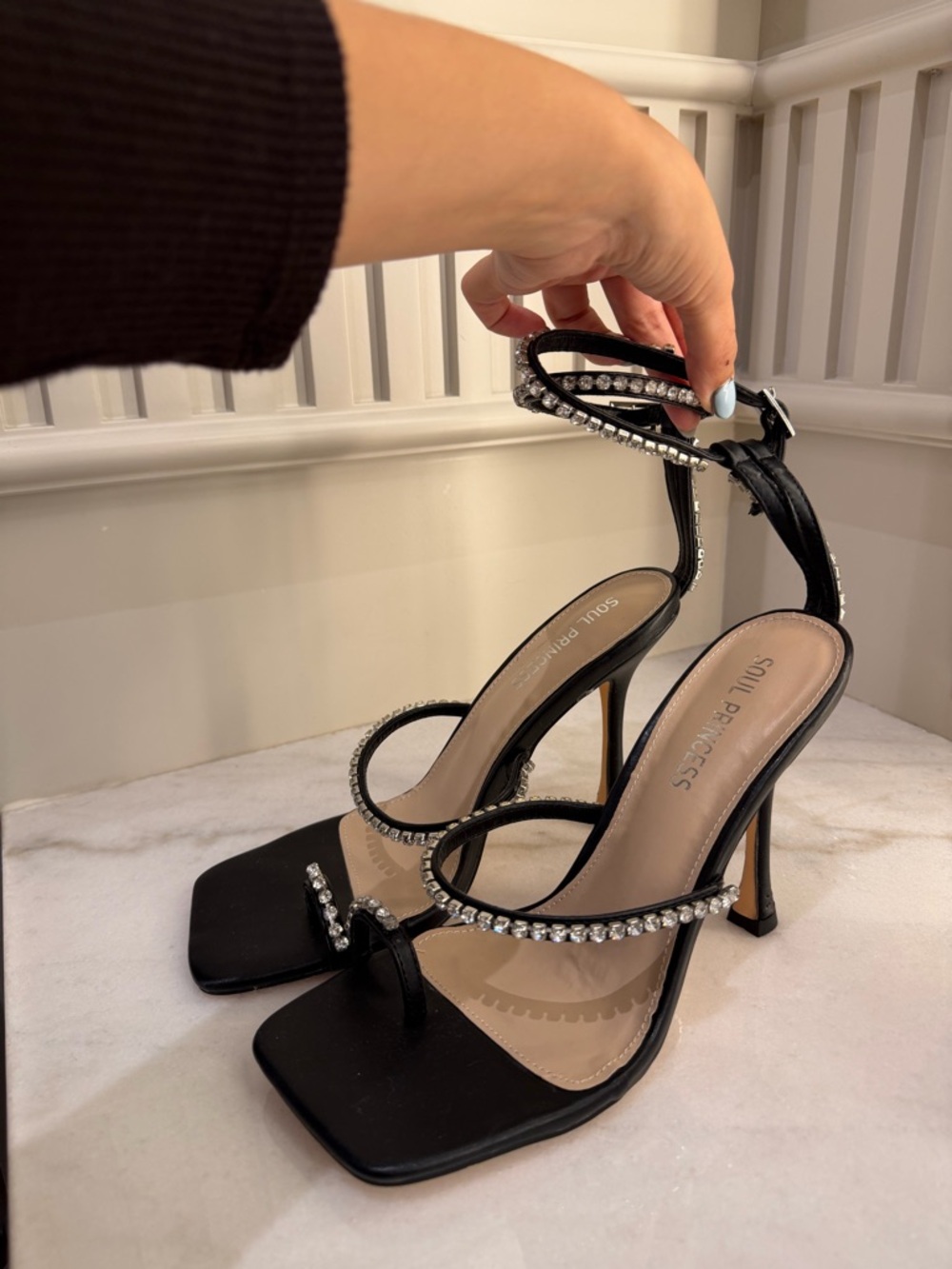 Black Crystal-Embellished Ankle-Strap Heels by